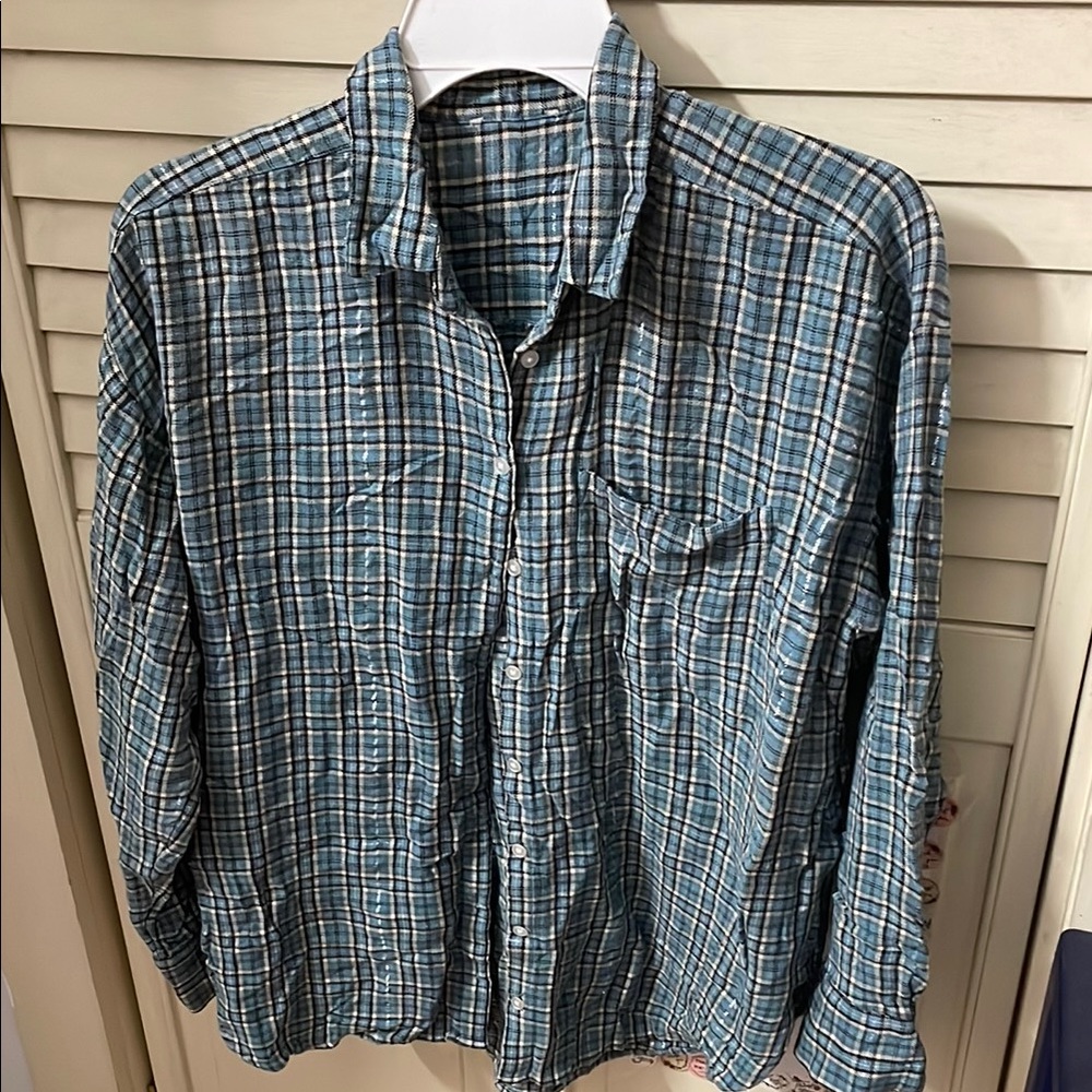 Loft women’s Blue Plaid Shirt( size: L) flash silver light